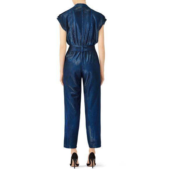 CAROLINA RITZLER Cap Sleeve Belted Metallic Jumpsuit Retro Blue Size 36 US 2 - Picture 10 of 11
